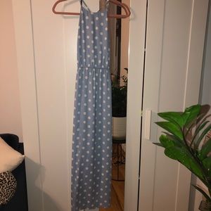 Blue and white polka dot maxi dress